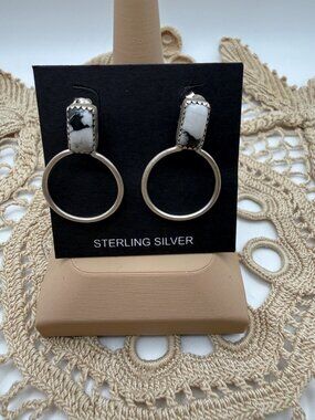 Artisan crafted Sterling Silver White Buffalo Drop Earrings Circular Hoops boho